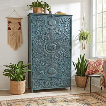 Szafa indyjska z drewna mango ręcznie rzeźbiona niebieska 180 x100x42