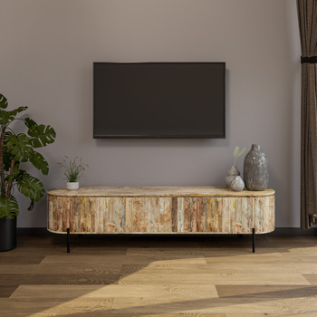 Szeroka szafka RTV XXL z naturalnego ryflowanego drewna Mango  HS-07-MN