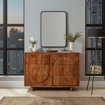 Bieliźniarka ED-03-MWL z litego drewna mango w kolorze orzech włoski, 6 szuflad, geometryczne fronty, 120×40×85