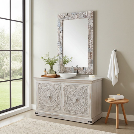 Komoda rzeźbiona bielona WCDS-4-140-MN z drewna mango