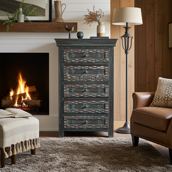 Komoda z szufladami z  drewna mango niebieska przecierana