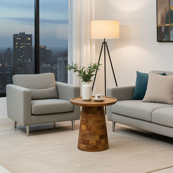 Stolik kawowy okrągły z drewna mango z unikatową nogą